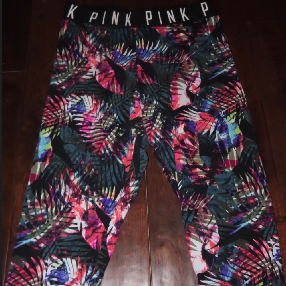 High waisted cropped PINK colorful leggings—LARGE